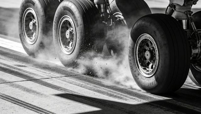 Aircraft main landing gear touching down kicking up smoke and tire debris