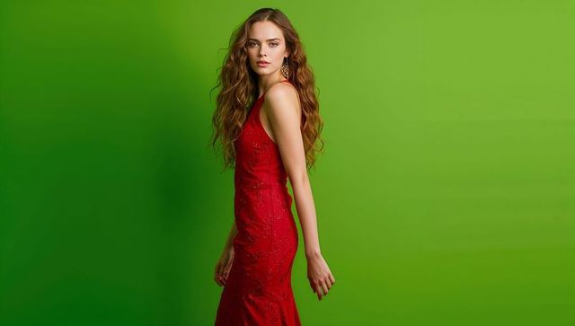 Elegant Woman in Red Formal Dress with Green Background