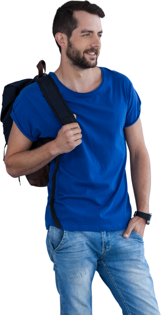 Casual Male Model in Blue T-Shirt with Backpack Transparent Background - Download Free Stock Videos Pikwizard.com