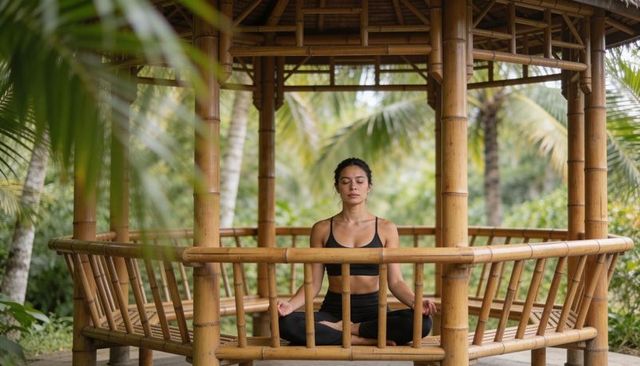 Woman meditating in circular bamboo pavilion surrounded by tropical palms yoga retreat