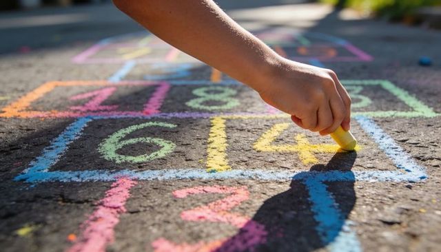 Child drawing colorful hopscotch numbers with yellow chalk on sunlit asphalt