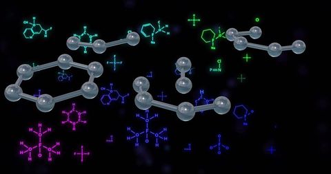 Floating molecular ball-and-stick models with neon 2d chemical formulas glowing dark backdrop