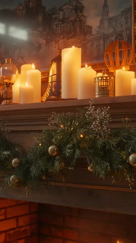 Panning vertical clip showing candlelit mantel with evergreen garland and glowing fireplace