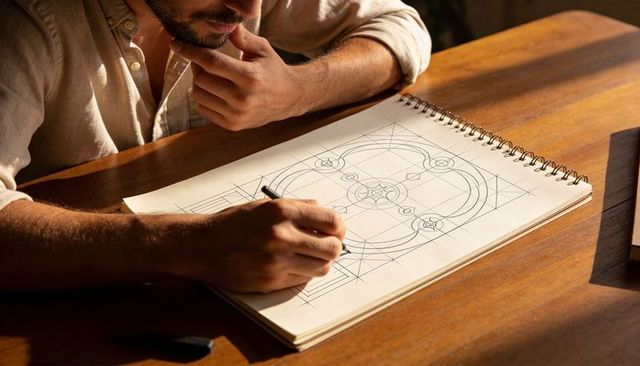 Designer sketching intricate geometric logo on spiral sketchbook at sunlit wooden desk