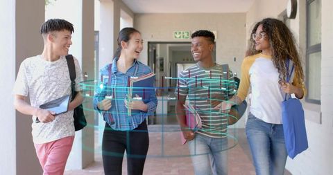 High School Students Walking Holding Tablets and Books with Holographic Data Overlay