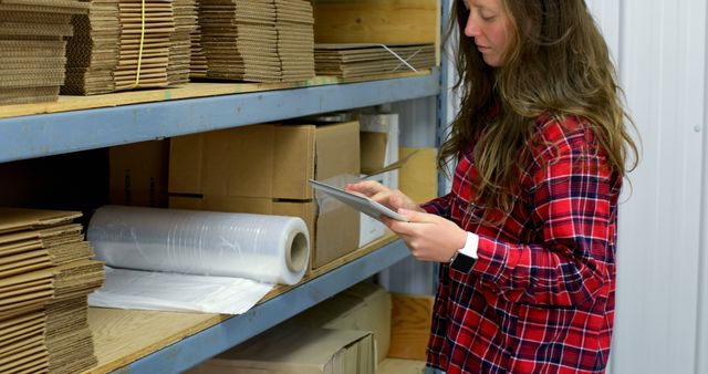 Woman in casual attire using digital tablet while organizing and managing inventory in a warehouse. Shelves filled with cardboard boxes and packing materials. Perfect for illustrating topics related to stock management, logistics, small business operations, or warehouse technology.