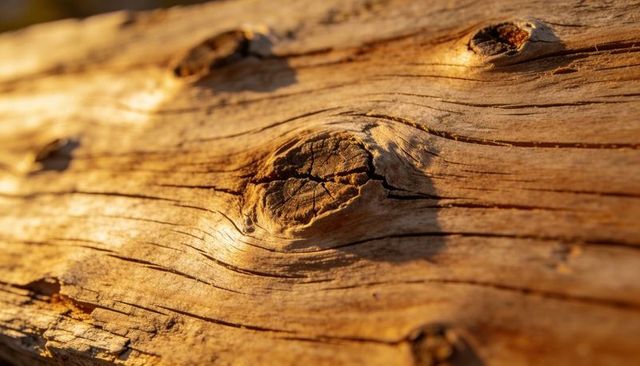 Weathered wood knot closeup showing golden grain, cracks and rustic timber texture
