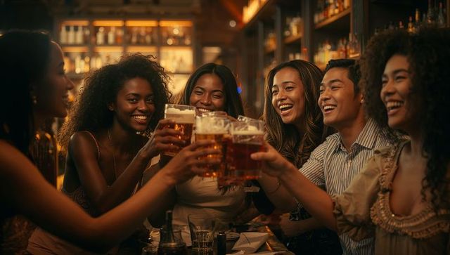 Diverse Friends Enjoying Night Out at Cozy Pub