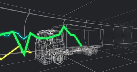 Futuristic wireframe truck with neon data graphs in virtual tunnel for logistics analytics