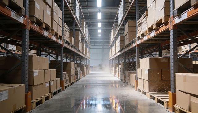 Warehouse aisle showcasing pallet racks and stacked cartons with reflective wet floor