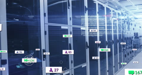 Futuristic Data Center with Social Media and Networking Icons