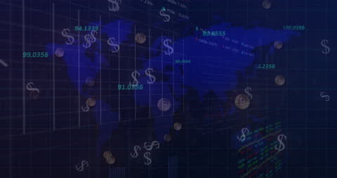 Digital World Map with Floating Data and Currency Symbols