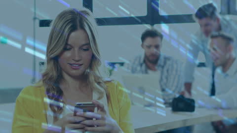 Woman Engaged with Smartphone and Overlayed Analytics in Office