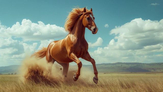 Chestnut Horse Galloping Across Vibrant Grassland