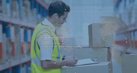 Warehouse Clerk Logging Cartons with Global Supply Chain Tracking