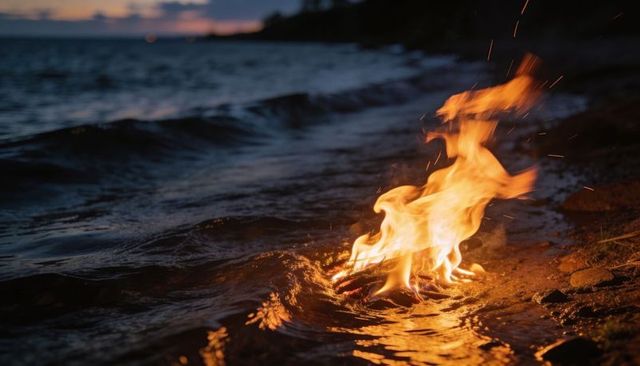 Flickering bonfire on rocky shoreline at dusk with fire reflections and ember sparks twilight coasta