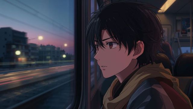 Contemplative Asian Male Traveling by Train at Twilight