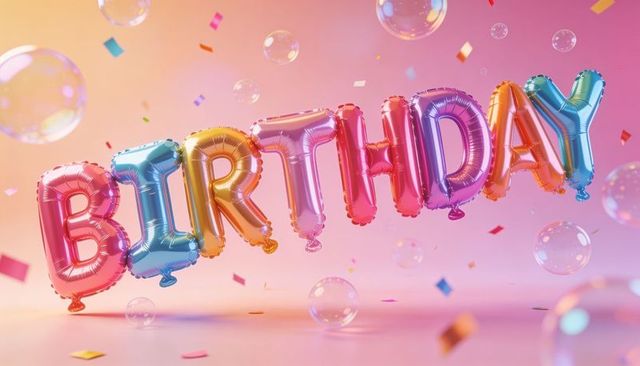 Multicolor metallic birthday foil balloons floating with confetti and bubbles celebration