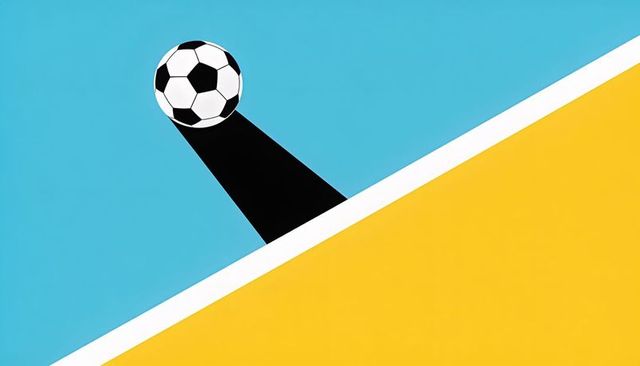 Minimalist soccer ball on turquoise background casting diagonal shadow across yellow