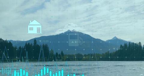 Mountain landscape with technology data visualization overlay
