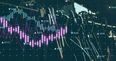 Teal magenta candlestick overlay on industrial metal hooks for supply chain analytics
