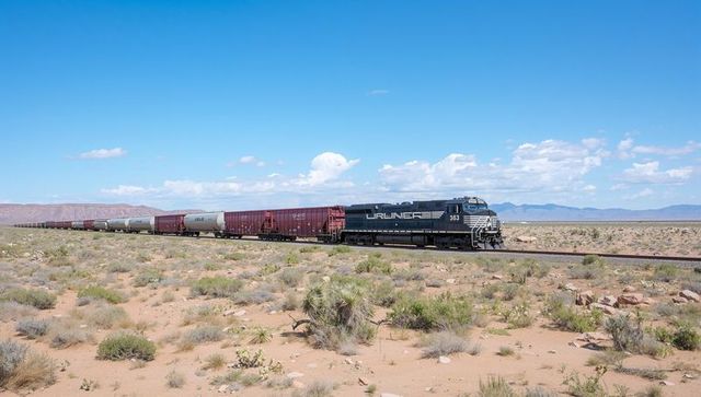 Diesel freight locomotive hauling long train across arid desert with yucca and open sky
