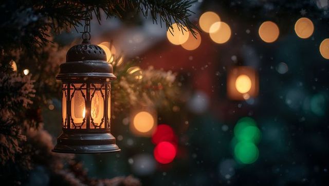 Vintage lantern hanging from snowy pine branch, casting warm amber glow with festive bokeh