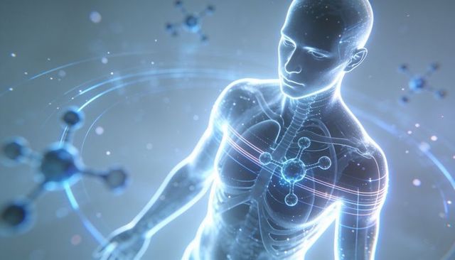 Glowing hologram torso showing ribcage and spine with orbiting molecules in virtual lab