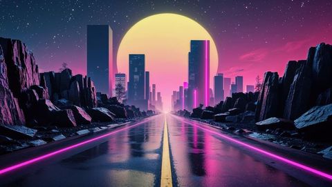 Futuristic neon highway through cyberpunk cityscape