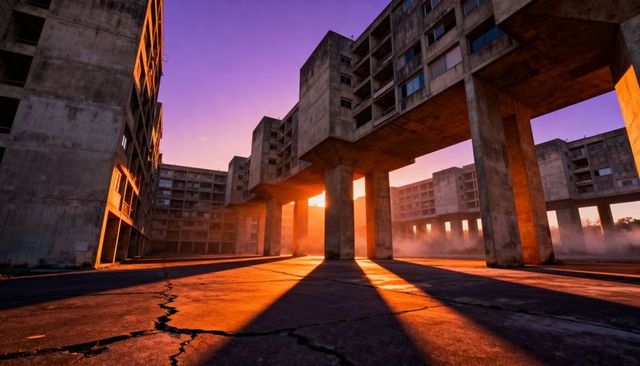 Sunlight pouring through brutalist pillars at sunrise in abandoned concrete complex