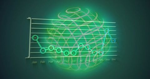 Neon green wireframe globe with 3d line chart and glowing dashboard visualization