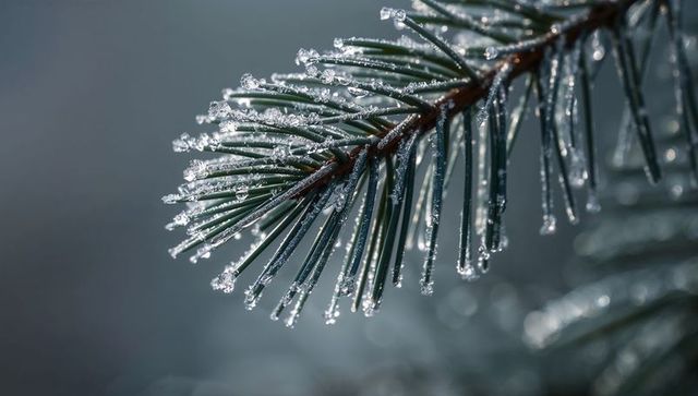 Glistening conifer needles glimmering with ice beads frosty morning macro closeup