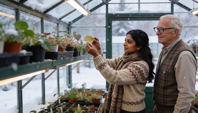 Woman examining houseplant with older mentor in snowy greenhouse, winter gardening lesson