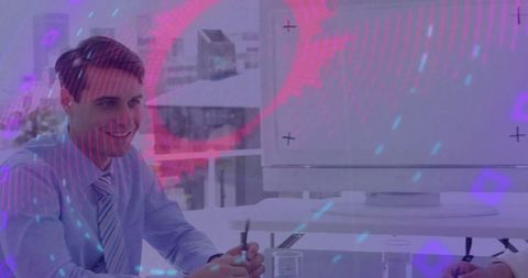 Business Professional Utilizing Futuristic Holographic Technology