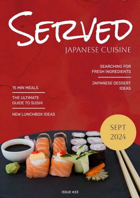 Perfect for use in culinary magazines, dining guides, and promotional material for Japanese restaurants. This cover features a vibrant red background highlighting an assortment of colorful sushi, ideal for showcasing Japanese cuisine, meal ideas, and culinary inspiration. Use to promote fresh ingredients or feature sections on sushi preparation and meal planning.