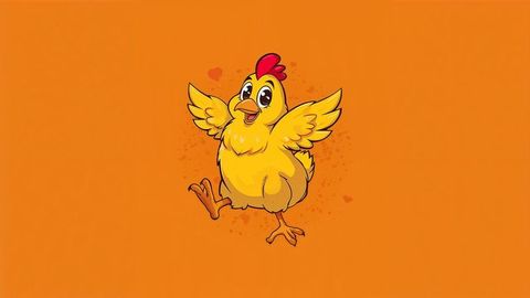 Cheerful cartoon cartoon chicken balancing on vibrant orange background