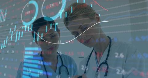 Doctors Reviewing Mobile Data with Healthcare Analytics Overlay, Medical Team Collaboration