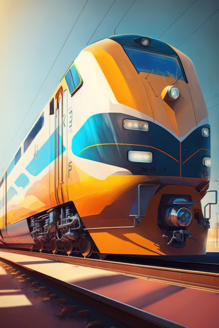 Image of modern orange train on tracks over blue sky, created using generative ai technology. Transport, travel and train, digitally generated image.