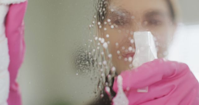 Woman wearing pink gloves is cleaning a mirror using a spray bottle and cloth. Suitable for stock images related to house cleaning, hygiene, and household tasks concepts. This can be used in articles or advertisements focusing on cleaning products, home maintenance, or domestic chores.