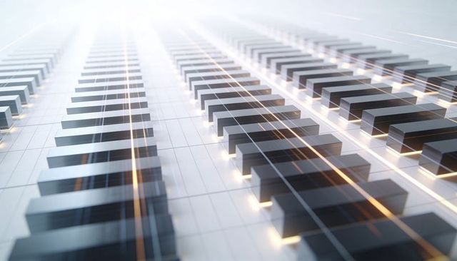 Futuristic modular architectural grid receding toward vanishing point with glowing trails