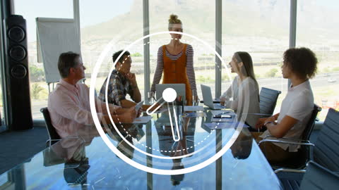 Diverse Team Collaborating in Modern Conference Room with Time Overlay