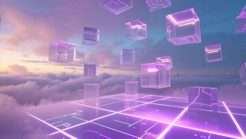 Futuristic cubes glowing in neon twilight above clouds