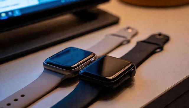 Resting rectangular smartwatches on desk with silicone straps and warm reflective screens