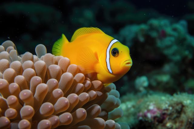 Clownfish swimming near colorful coral reef, showcasing underwater marine life ecosystem. Useful for educational purposes, marine biology, aquarium displays, conservation programs, and tropical destination advertisements.