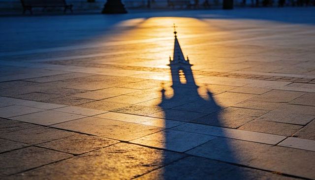 Golden-hour church steeple shadow stretching across historic stone plaza at sunrise