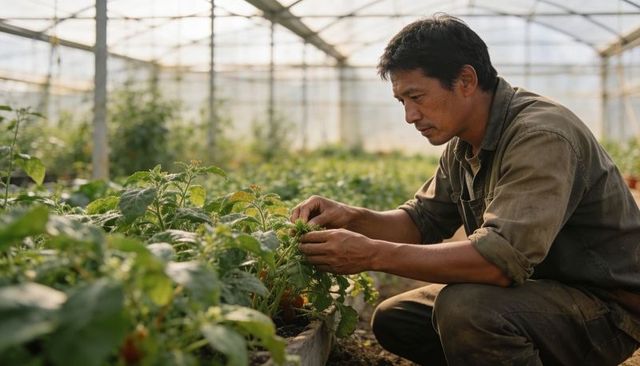 Greenhouse grower tending cherry tomatoes in raised beds for sustainable urban farming
