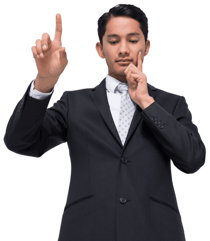 Businessman interacting with virtual interface on transparent background