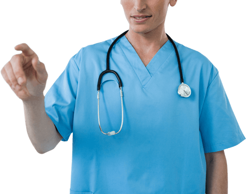 Male nurse in scrubs touching transparent interface with finger