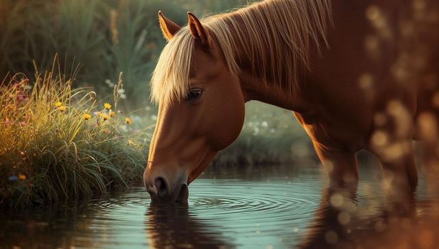 Tranquil chestnut horse drinking in pond with wildflowers