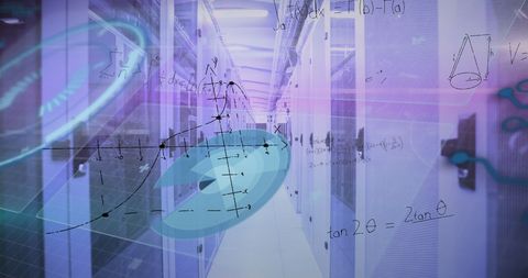 Complex Math Overlays on Futuristic Server Room Background - Download Free Stock Images Pikwizard.com